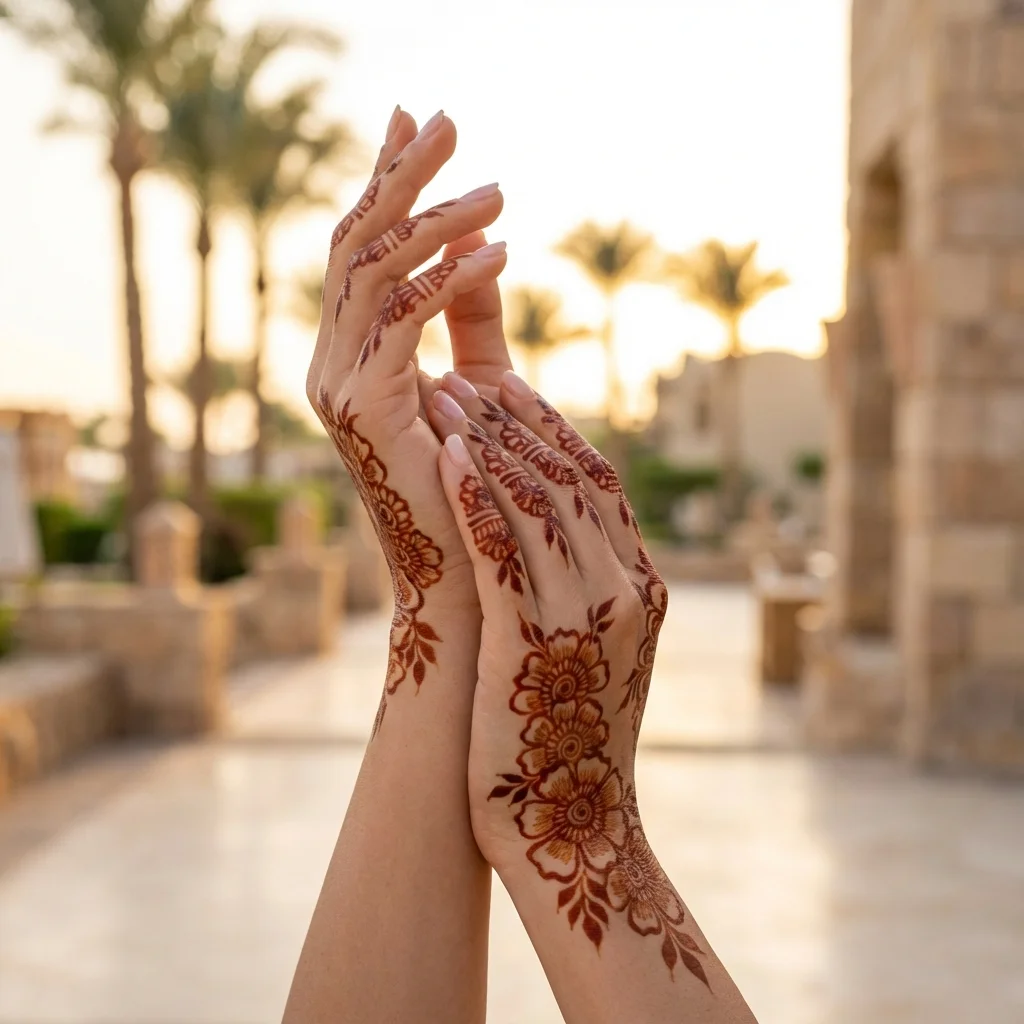 Beautiful traditional Arabic henna designs on hands
